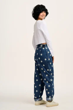 Lucy & Yak Addison - Tapered Denim Jeans in Mid Wash with Daisy Embroidery Hot