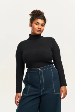 Lucy & Yak Aiden - Roll Neck Knitted Cotton Top in Black Discount