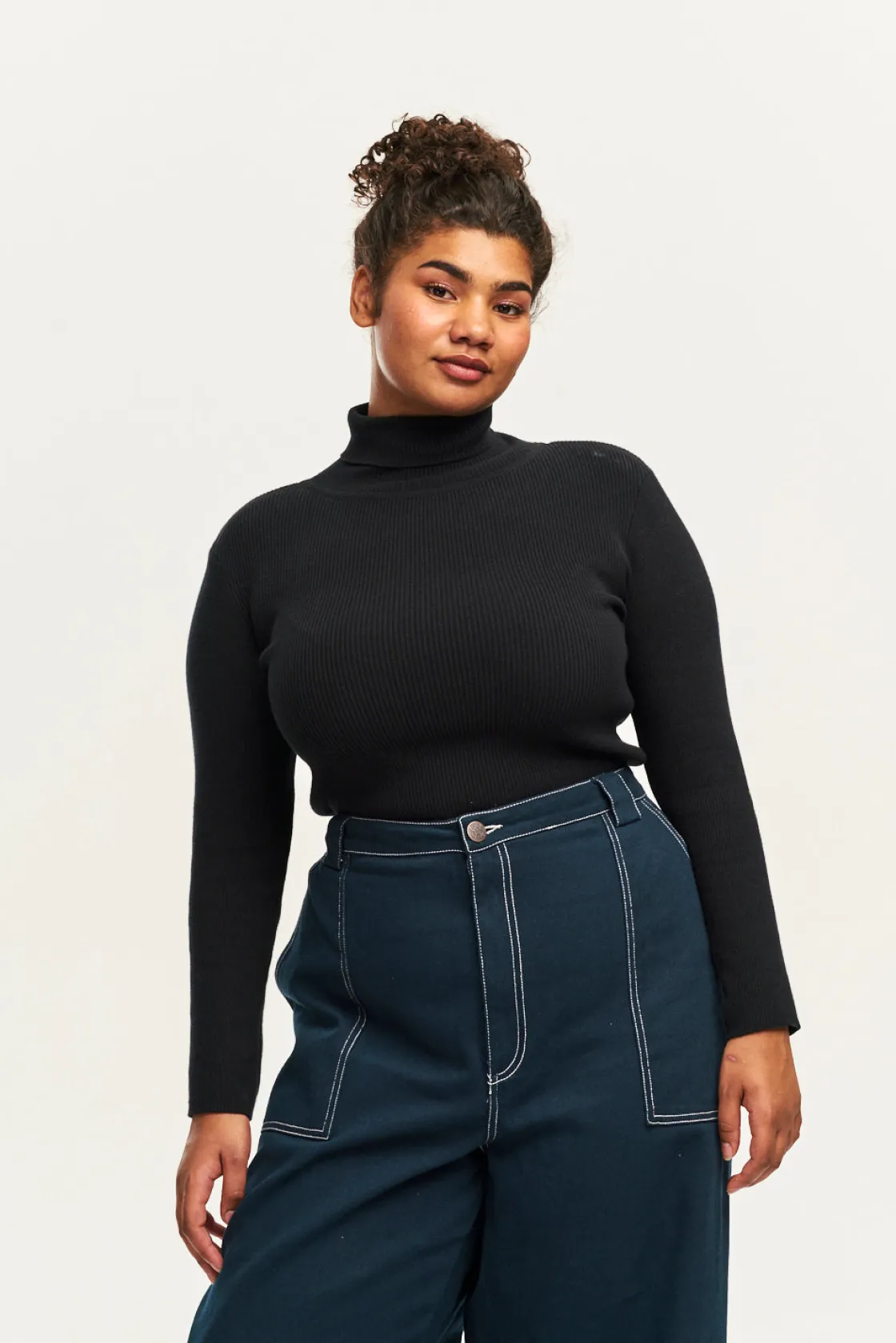 Lucy & Yak Aiden - Roll Neck Knitted Cotton Top in Black Discount