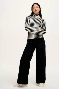 Lucy & Yak Aiden - Roll Neck Knitted Cotton Top in Black & White Stripe Hot