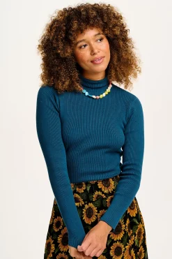 Lucy & Yak Aiden - Roll Neck Knitted Cotton Top in Twilight Blue Outlet