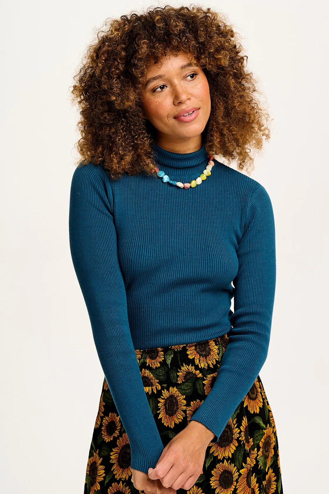 Lucy & Yak Aiden - Roll Neck Knitted Cotton Top in Twilight Blue Outlet