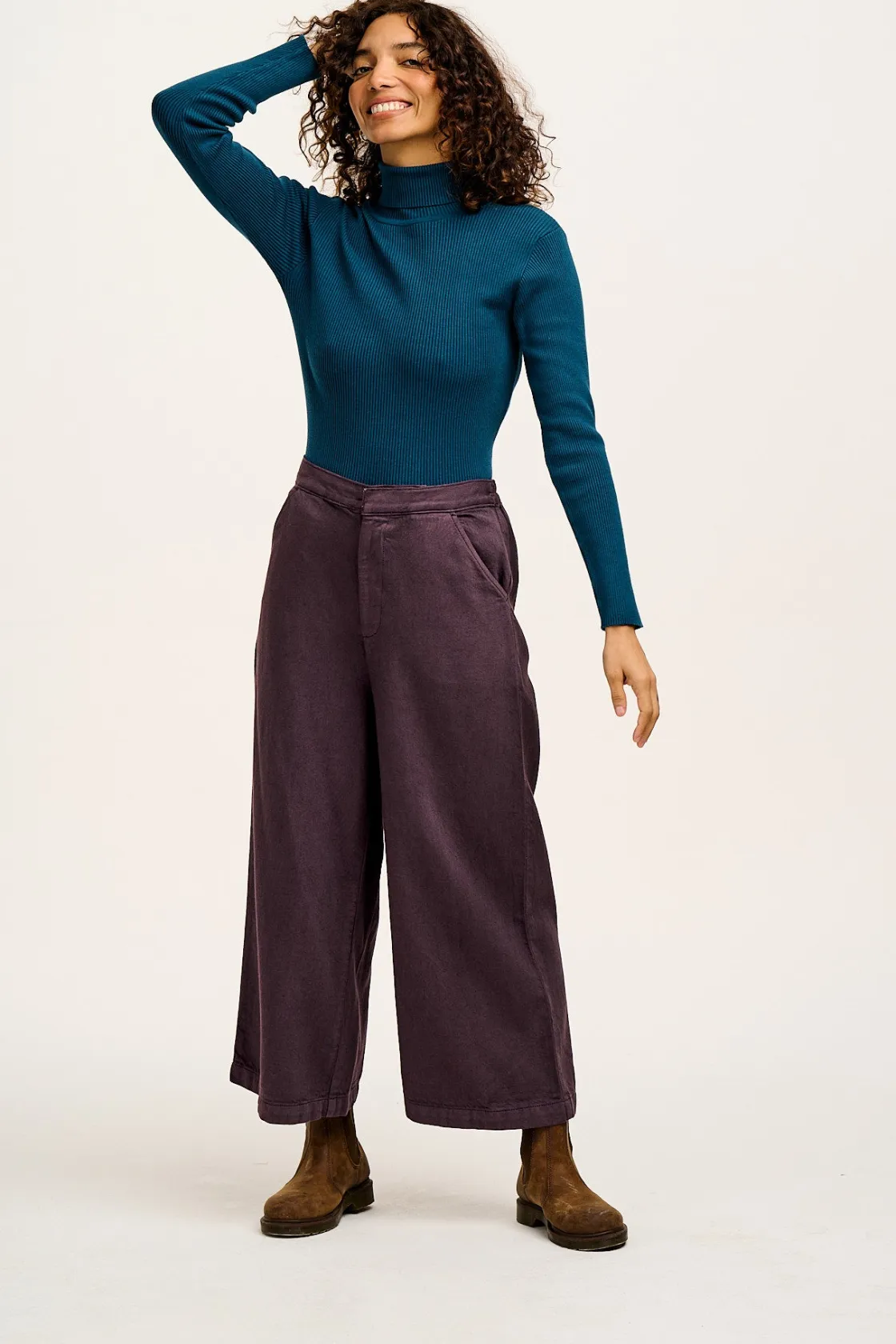 Lucy & Yak Aiden - Roll Neck Knitted Cotton Top in Twilight Blue Outlet