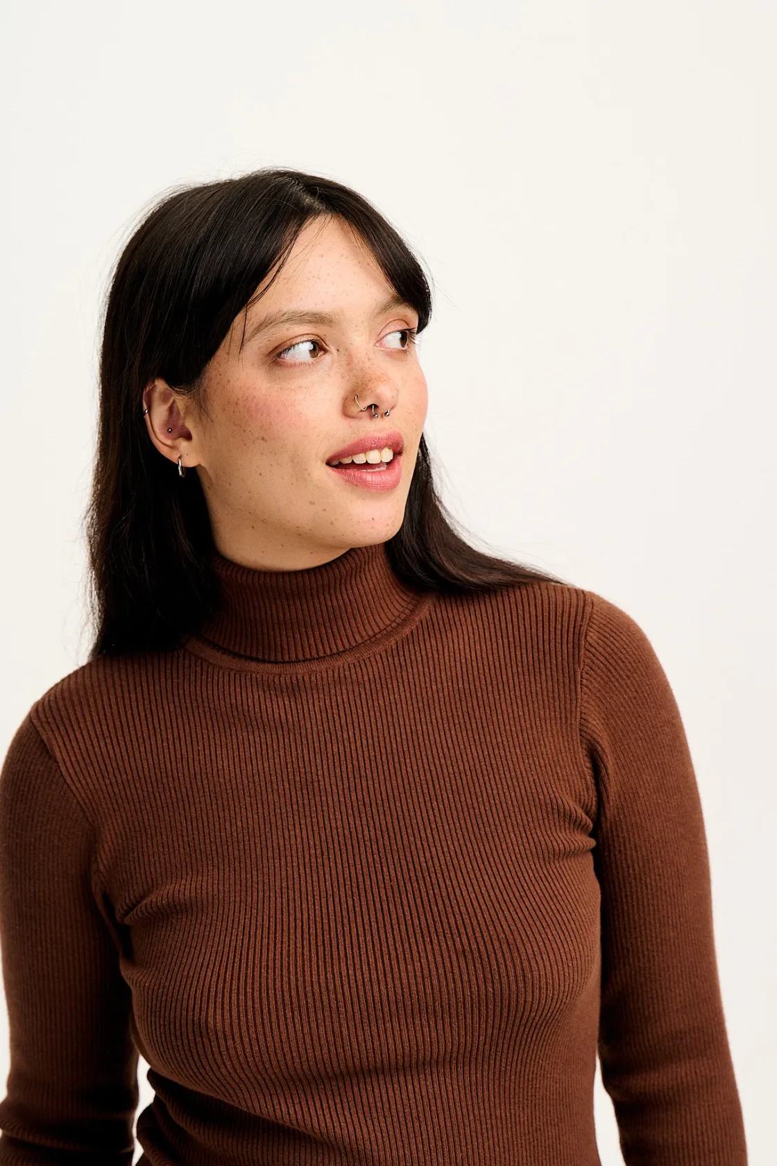 Lucy & Yak Aiden - Roll Neck Knitted Top in Mocha Brown Clearance