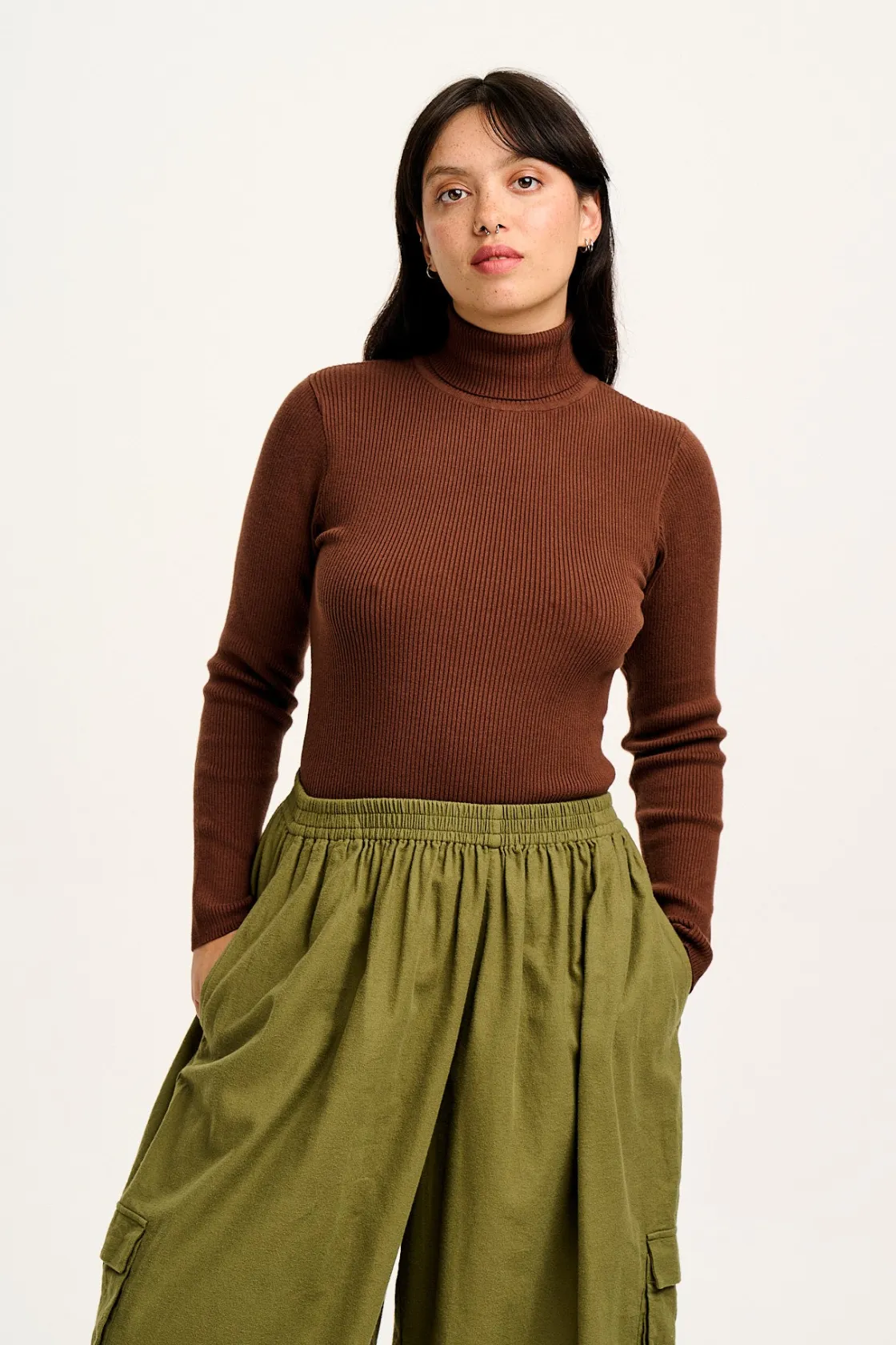 Lucy & Yak Aiden - Roll Neck Knitted Top in Mocha Brown Clearance