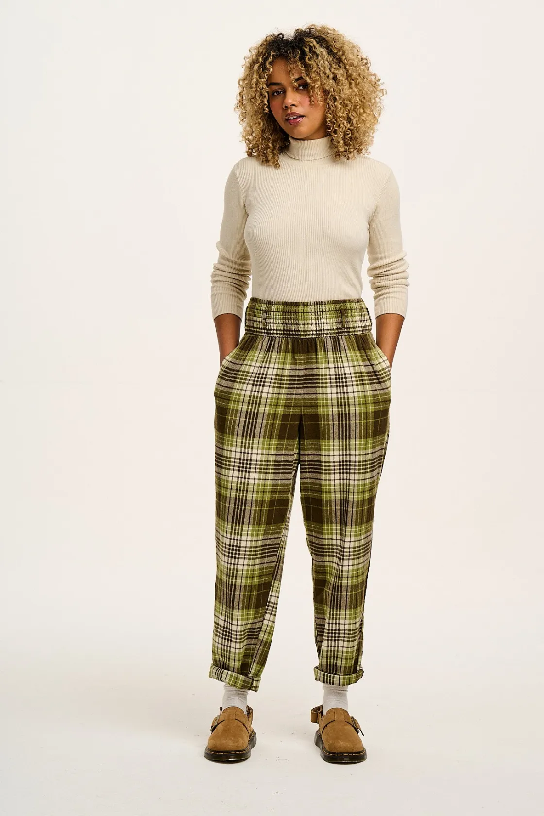 Lucy & Yak Alexa - Brushed Cotton Trousers in Green Forest Tartan Fashion