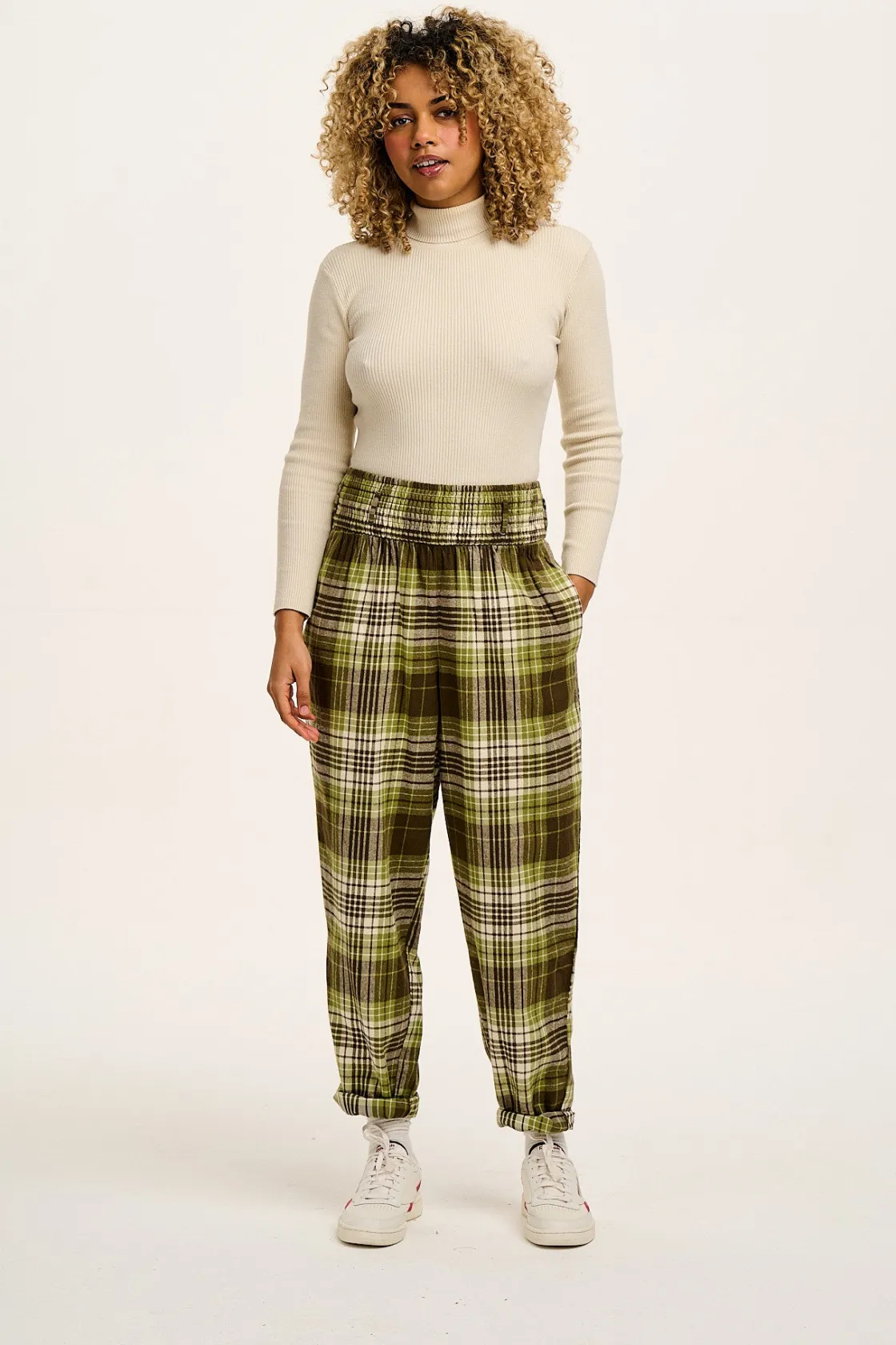 Lucy & Yak Alexa - Brushed Cotton Trousers in Green Forest Tartan Fashion
