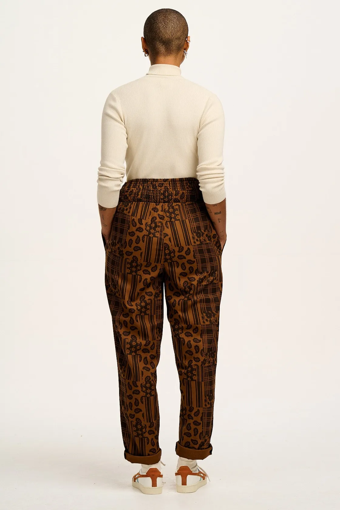 Lucy & Yak Alexa - Cotton Trousers in Brown Penny Patchwork Print Hot