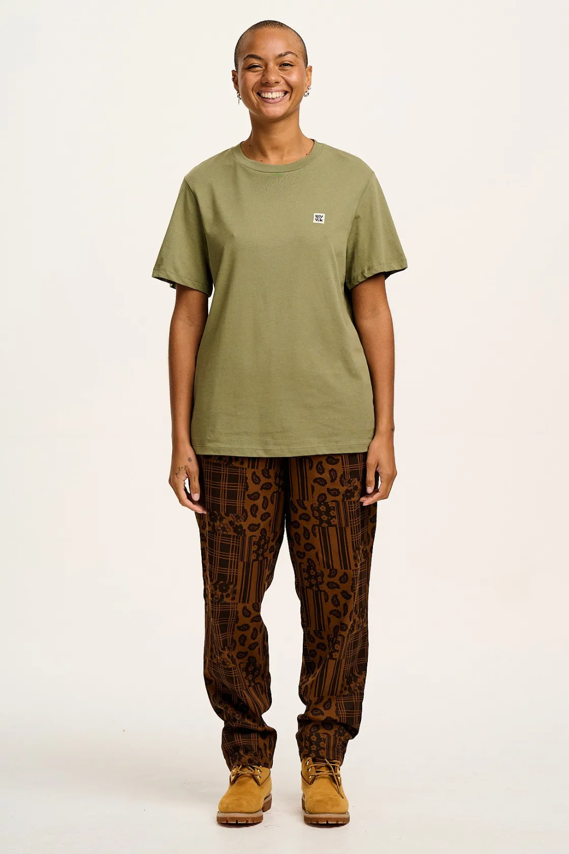 Lucy & Yak Alexa - Cotton Trousers in Brown Penny Patchwork Print Hot