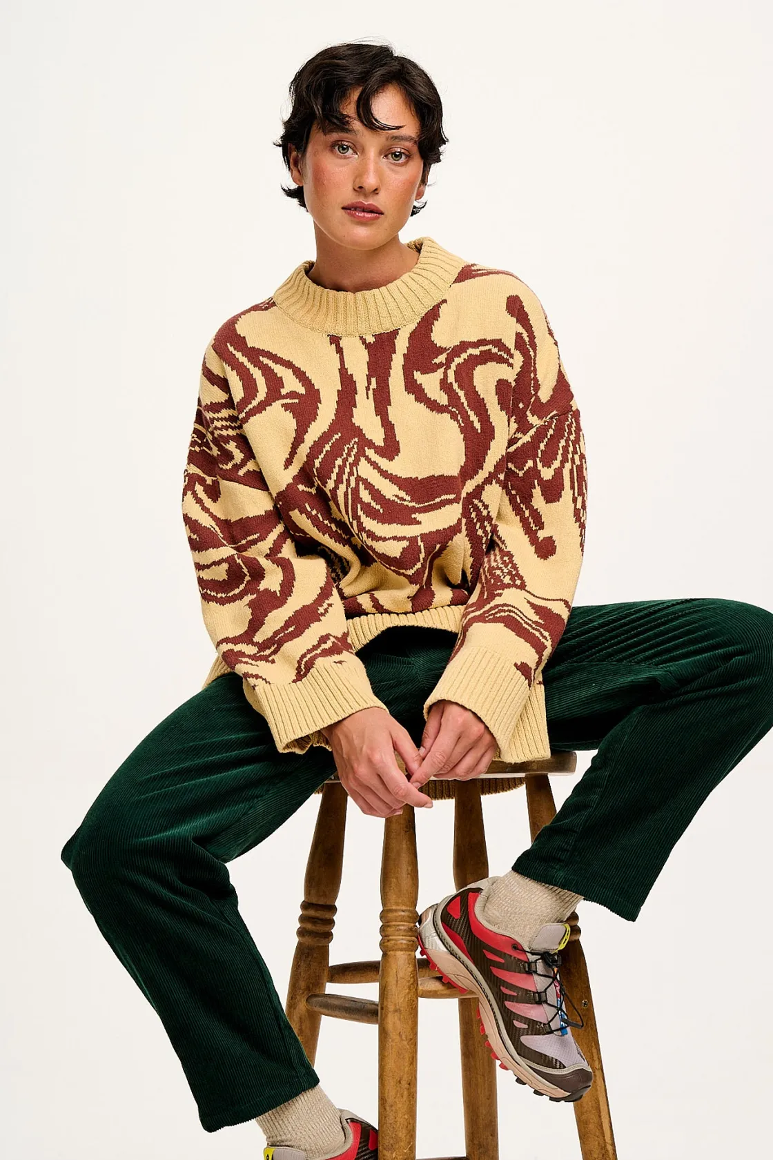 Lucy & Yak Amari - Oversized Knitted Jumper in Cream & Brown Swirl Hot