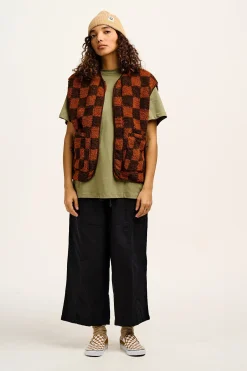 Lucy & Yak Aubrey - Borg Fleece Gilet in Terry Brown Check Print New