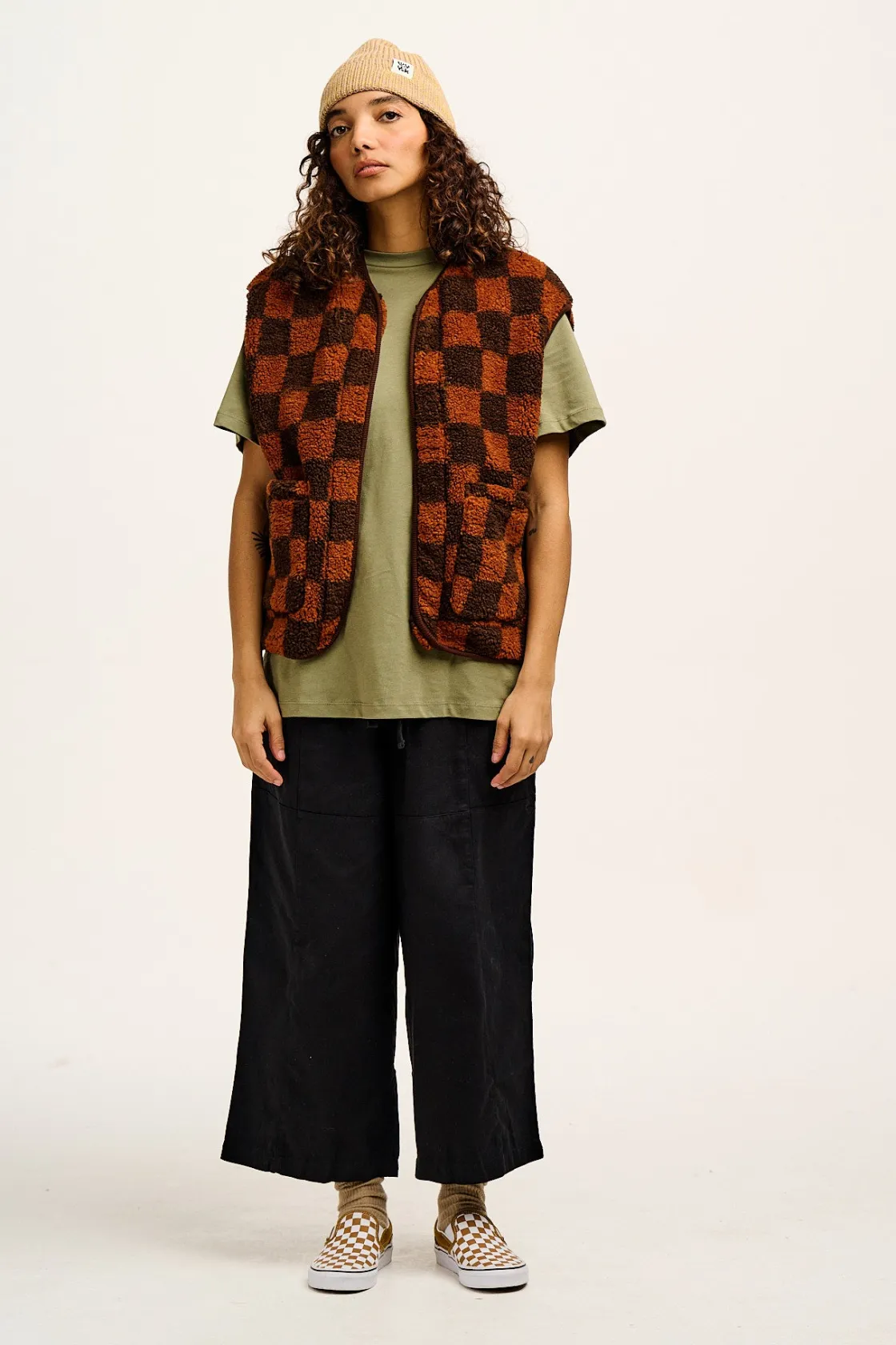 Lucy & Yak Aubrey - Borg Fleece Gilet in Terry Brown Check Print New
