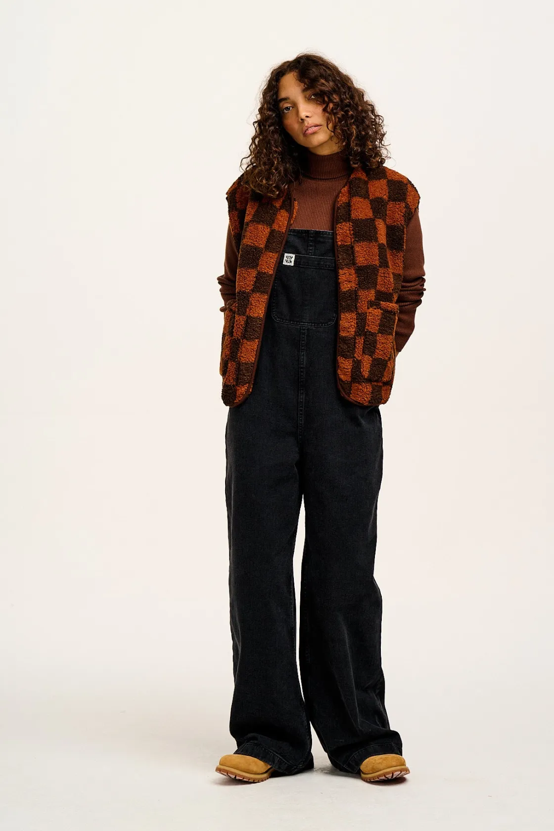Lucy & Yak Aubrey - Borg Fleece Gilet in Terry Brown Check Print New