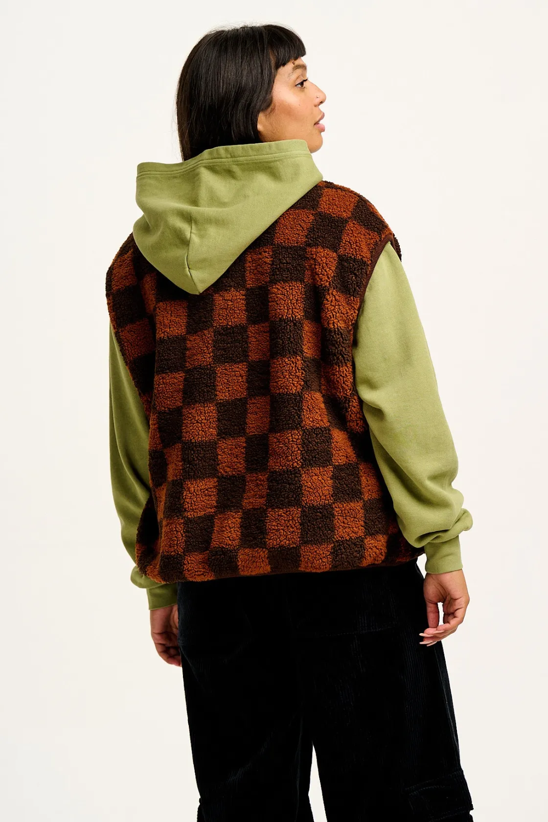 Lucy & Yak Aubrey - Borg Fleece Gilet in Terry Brown Check Print New