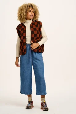 Lucy & Yak Aubrey - Borg Fleece Gilet in Terry Brown Check Print New