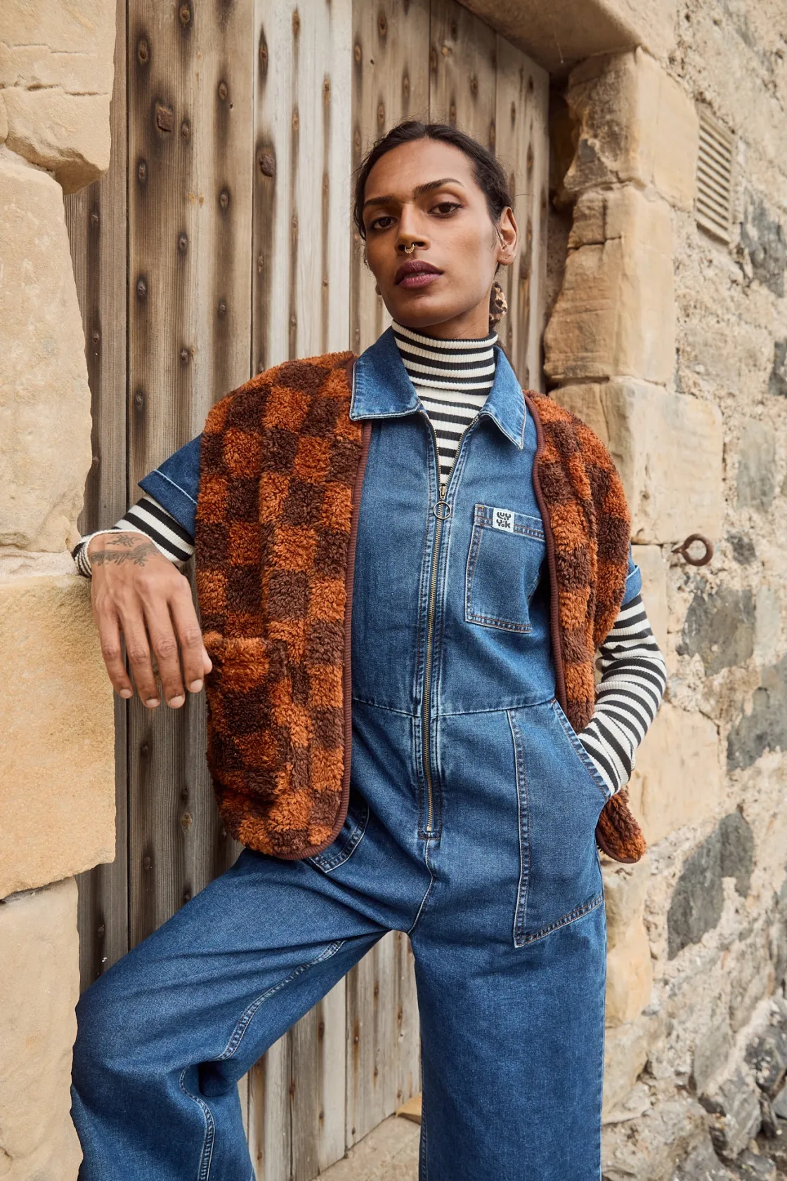 Lucy & Yak Aubrey - Borg Fleece Gilet in Terry Brown Check Print New