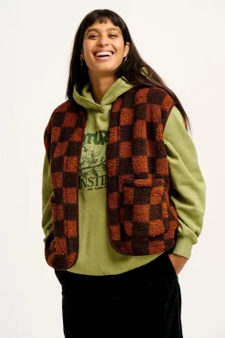 Lucy & Yak Aubrey - Borg Fleece Gilet in Terry Brown Check Print New