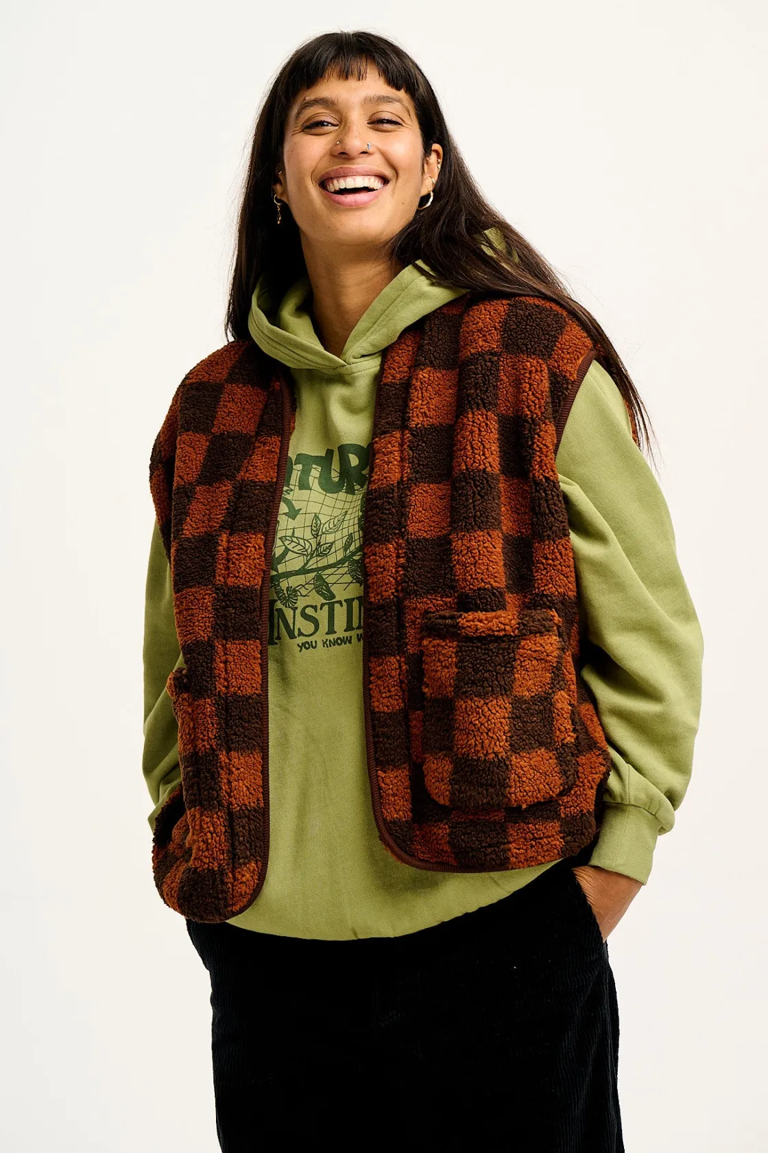 Lucy & Yak Aubrey - Borg Fleece Gilet in Terry Brown Check Print New