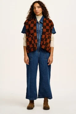 Lucy & Yak Aubrey - Borg Fleece Gilet in Terry Brown Check Print New