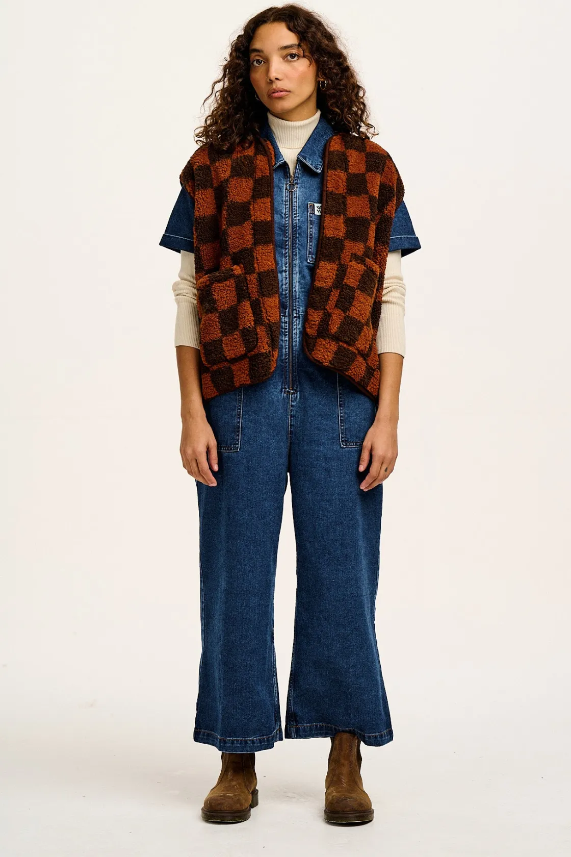 Lucy & Yak Aubrey - Borg Fleece Gilet in Terry Brown Check Print New