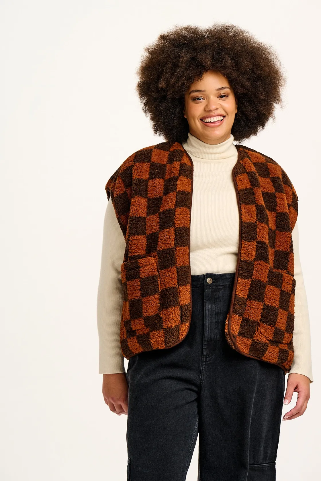 Lucy & Yak Aubrey - Borg Fleece Gilet in Terry Brown Check Print New