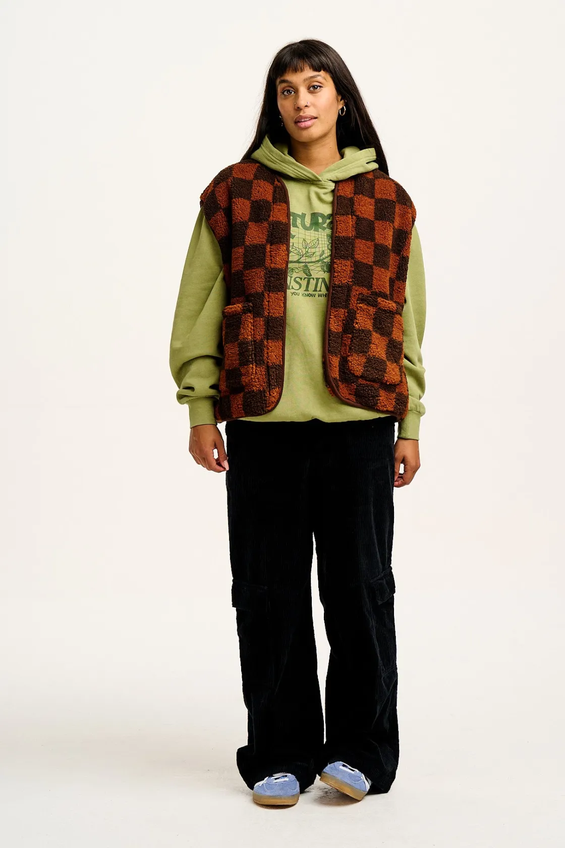 Lucy & Yak Aubrey - Borg Fleece Gilet in Terry Brown Check Print New
