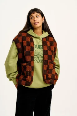 Lucy & Yak Aubrey - Borg Fleece Gilet in Terry Brown Check Print New