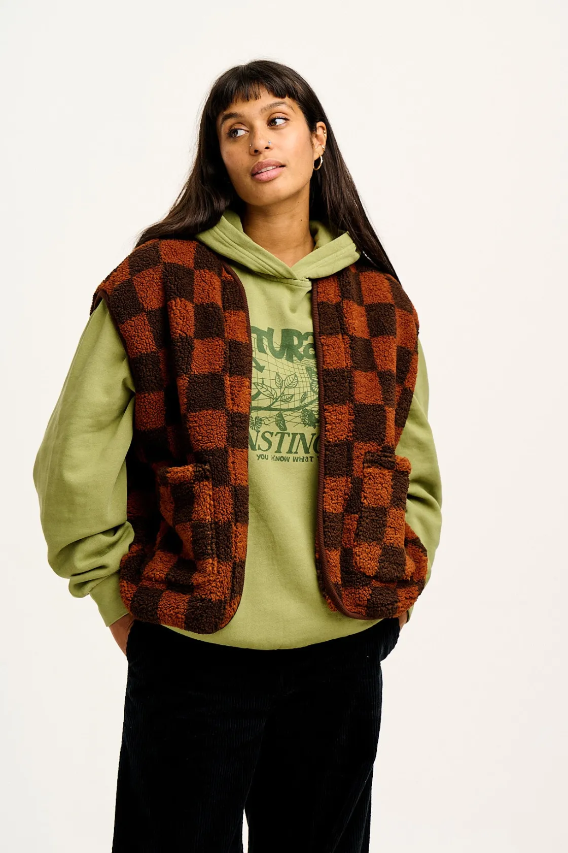 Lucy & Yak Aubrey - Borg Fleece Gilet in Terry Brown Check Print New