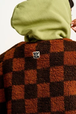 Lucy & Yak Aubrey - Borg Fleece Gilet in Terry Brown Check Print New