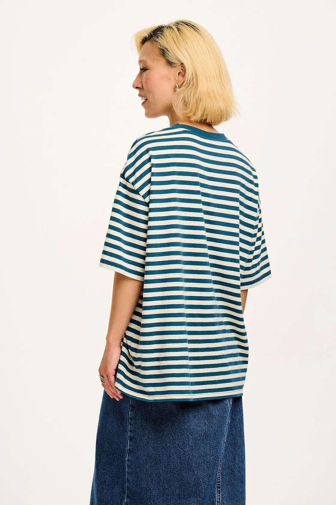 Lucy & Yak Benny - Oversized Cotton Tee in Blue & Ecru Stripe Fashion