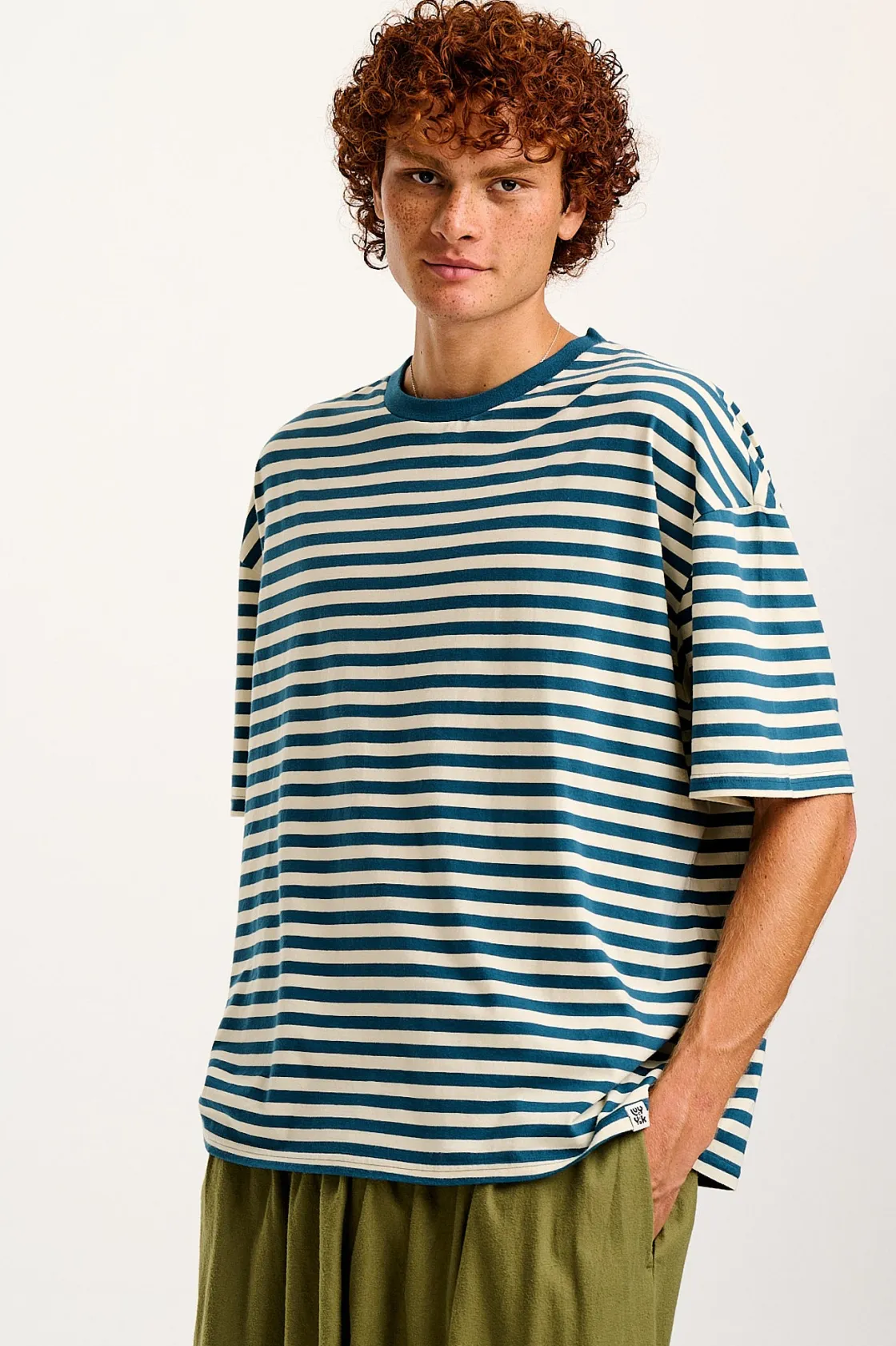 Lucy & Yak Benny - Oversized Cotton Tee in Blue & Ecru Stripe Fashion