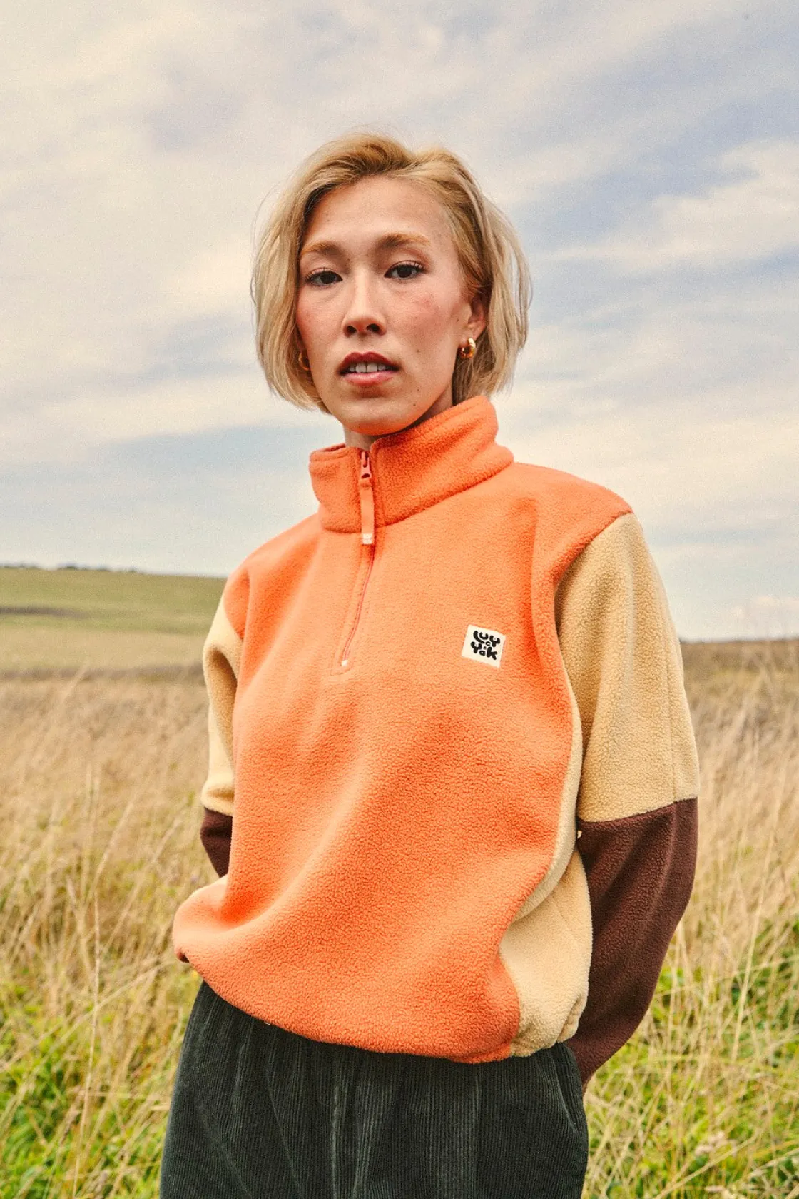 Lucy & Yak Blake - Cropped Polar Fleece in Orange, Cream & Brown Outlet