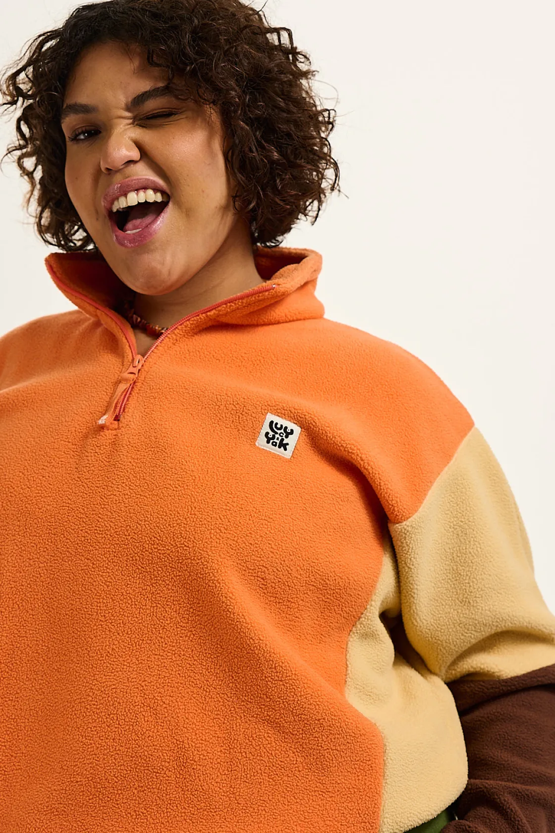 Lucy & Yak Blake - Cropped Polar Fleece in Orange, Cream & Brown Outlet