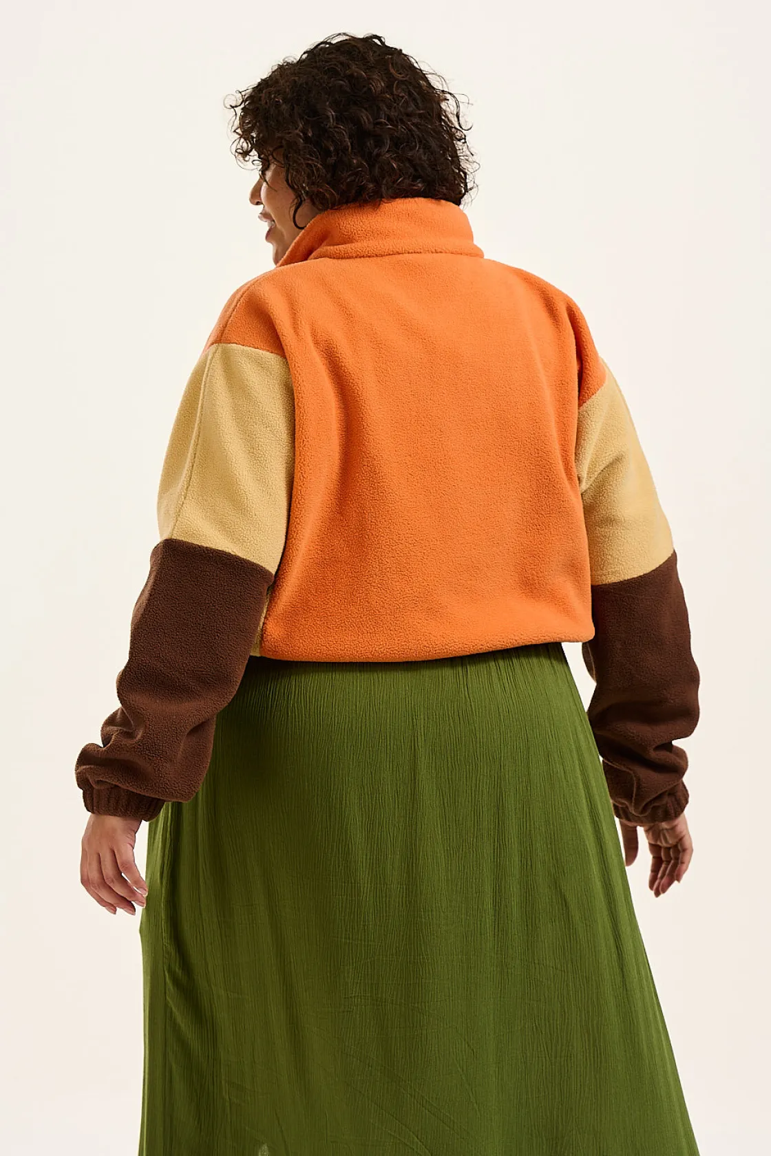 Lucy & Yak Blake - Cropped Polar Fleece in Orange, Cream & Brown Outlet