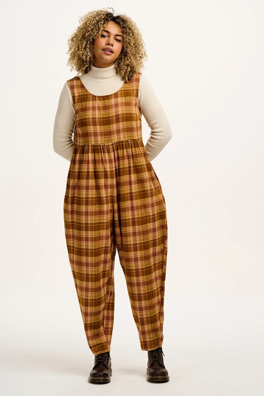 Lucy & Yak Bowie - Sleeveless Brushed Cotton Jumpsuit in Brown Oakley Tartan Discount