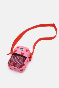 Lucy & Yak Brady - Crossbody Cotton Twill Bag in Pink Heart Cupid Print Hot