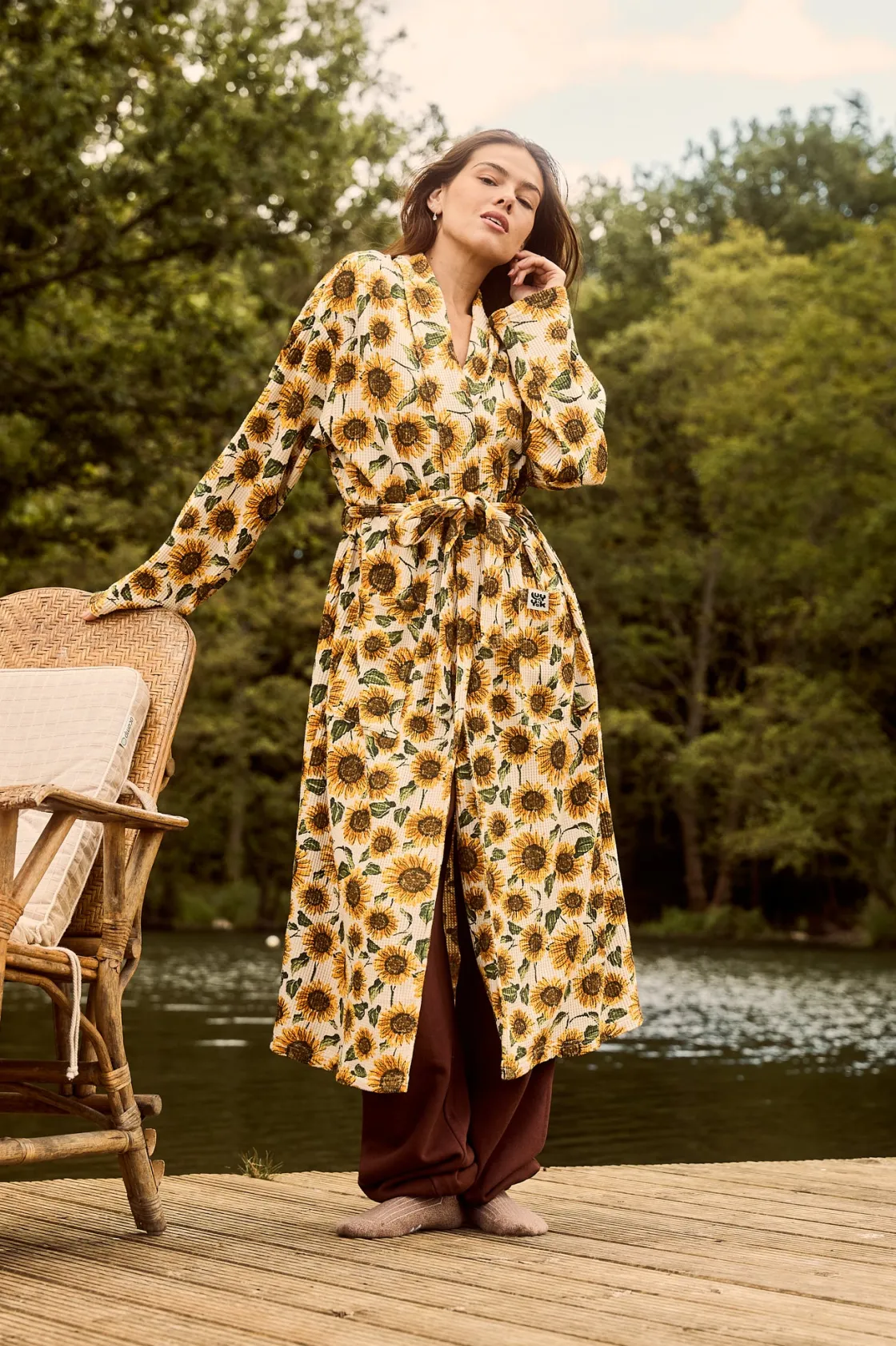 Lucy & Yak Braydon - Waffle Cotton Robe in Cream Sunflower Print Outlet