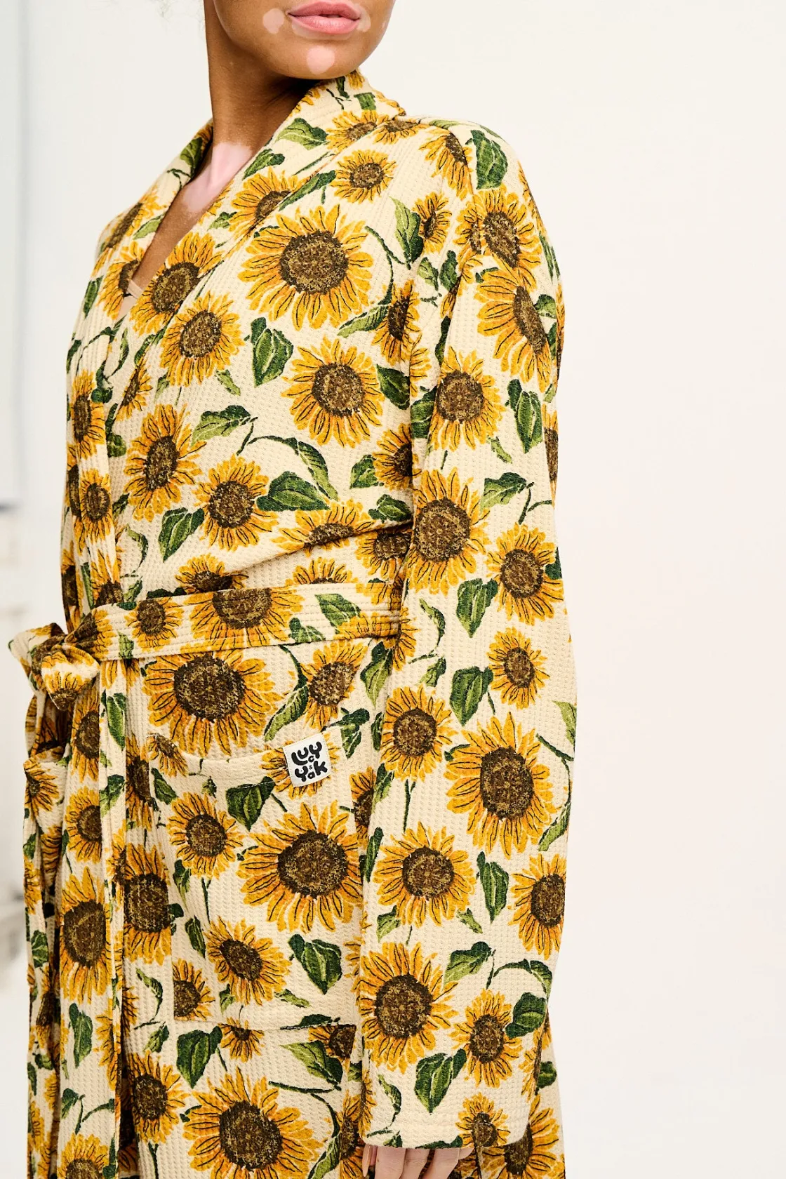 Lucy & Yak Braydon - Waffle Cotton Robe in Cream Sunflower Print Outlet