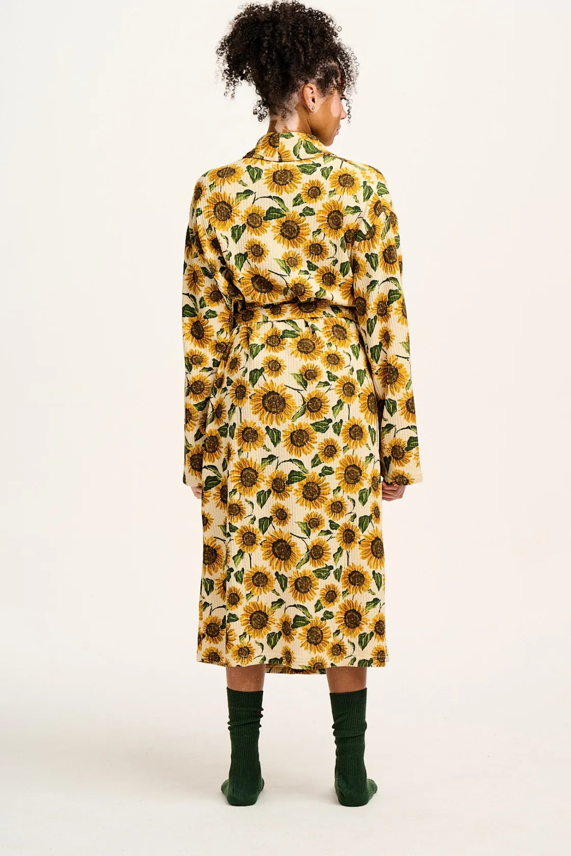 Lucy & Yak Braydon - Waffle Cotton Robe in Cream Sunflower Print Outlet