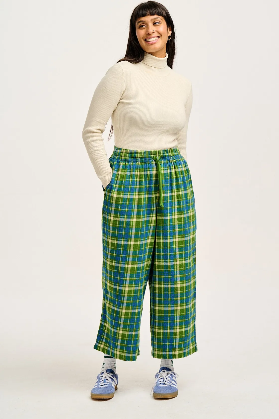 Lucy & Yak Chuck - Wide Leg Cotton Trousers in Green & Blue Elsie Tartan Print Sale
