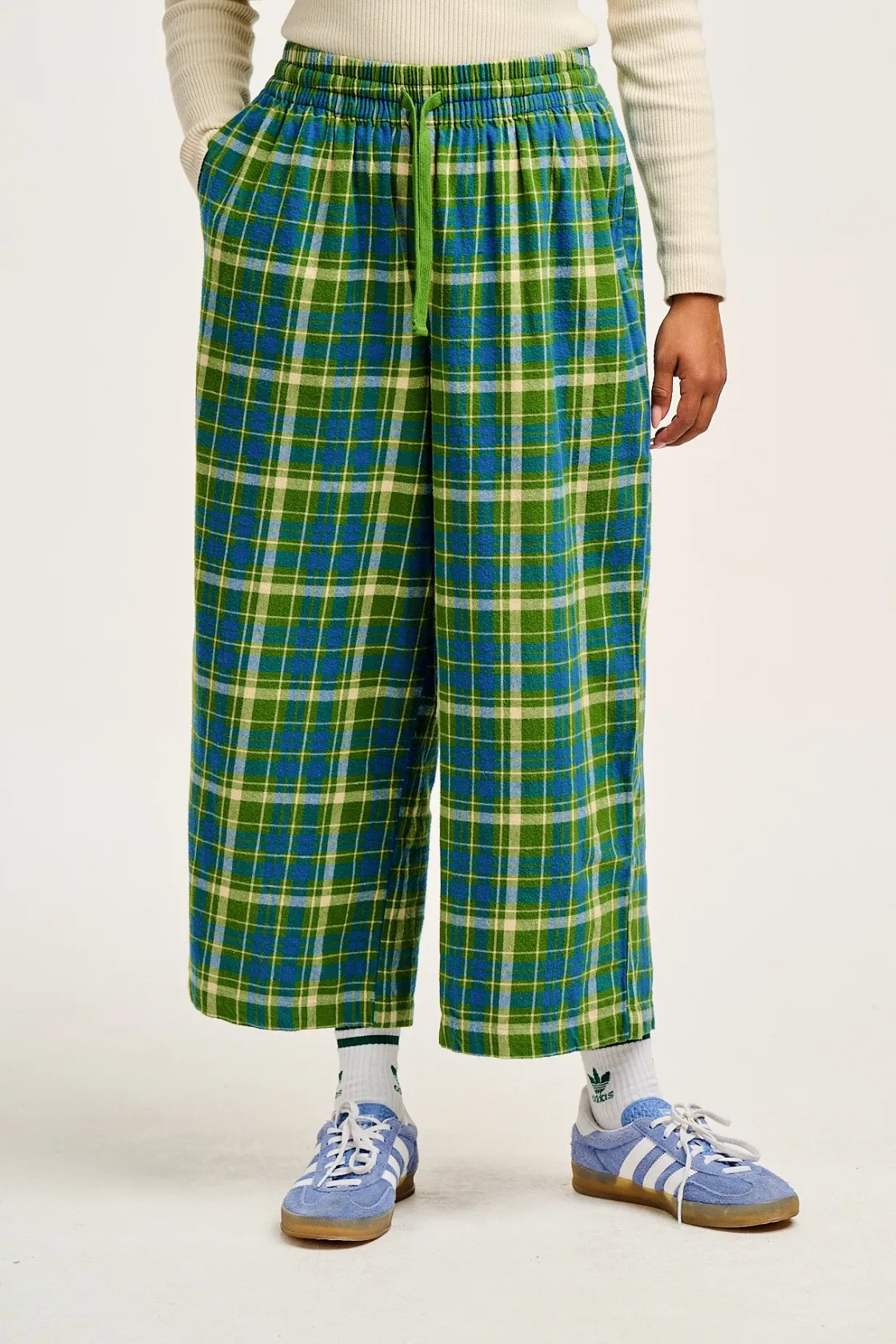 Lucy & Yak Chuck - Wide Leg Cotton Trousers in Green & Blue Elsie Tartan Print Sale