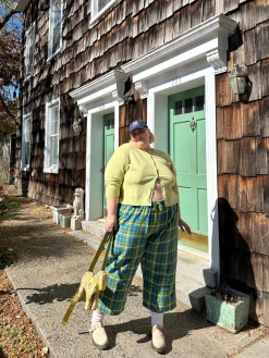 Lucy & Yak Chuck - Wide Leg Cotton Trousers in Green & Blue Elsie Tartan Print Sale