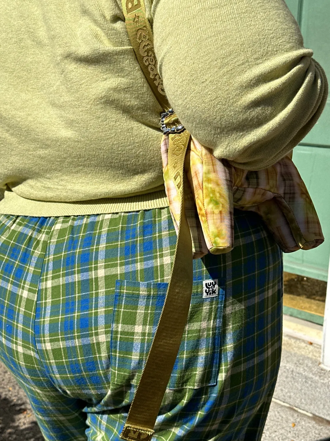Lucy & Yak Chuck - Wide Leg Cotton Trousers in Green & Blue Elsie Tartan Print Sale