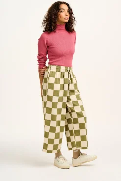 Lucy & Yak Chuck - Wide Leg Cotton Trousers in Pistachio Green Checkerboard Print Online