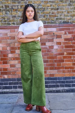 Lucy & Yak Delores - Wide Leg Corduroy Trousers in Pesto Green Online