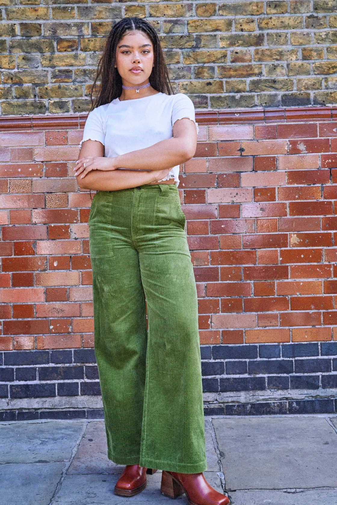 Lucy & Yak Delores - Wide Leg Corduroy Trousers in Pesto Green Online