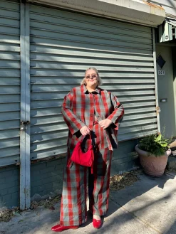 Lucy & Yak Delores - Wide Leg Twill Jeans in Green & Red Houston Tartan Print Best