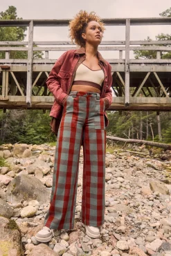 Lucy & Yak Delores - Wide Leg Twill Jeans in Green & Red Houston Tartan Print Best