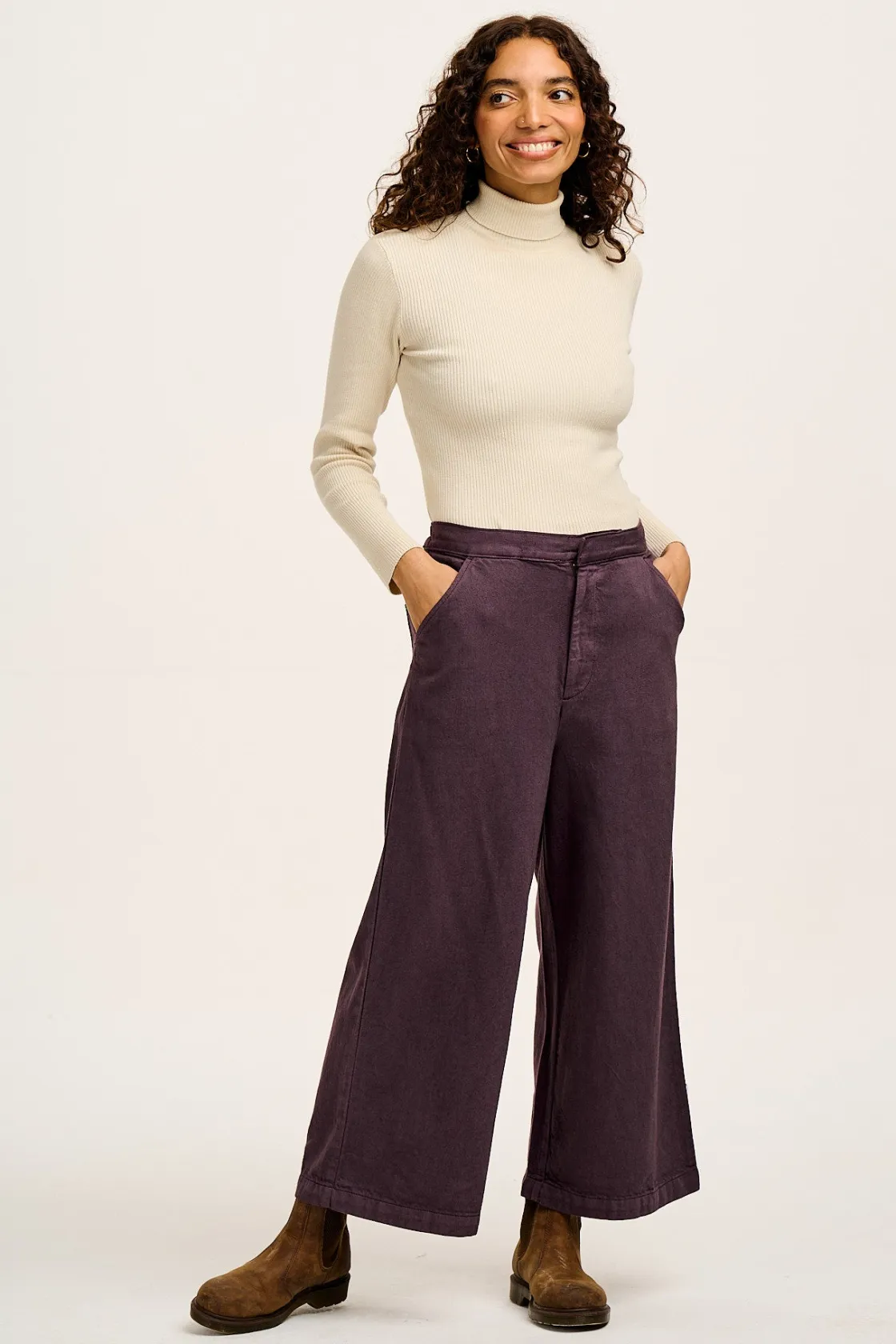Lucy & Yak Halston - Wide leg Cotton & Hemp Trousers in Plum Perfect Purple Discount