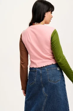 Lucy & Yak Hansel - Long Sleeve Cotton Top in Khaki, Brown & Rose Pink New